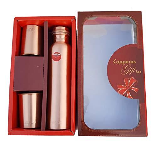 Milton Copper Water Bottle with Glass Gift Set (1000 ml Bottle and